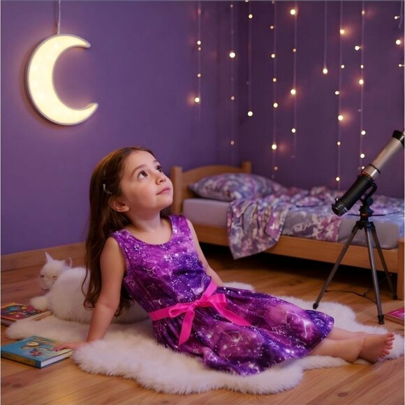 Girls Purple Celestial Print Dress ✦ Fabkids XL ✦ Pink Ribbon Belt ✦ Tulle Hem - Picture 1 of 6